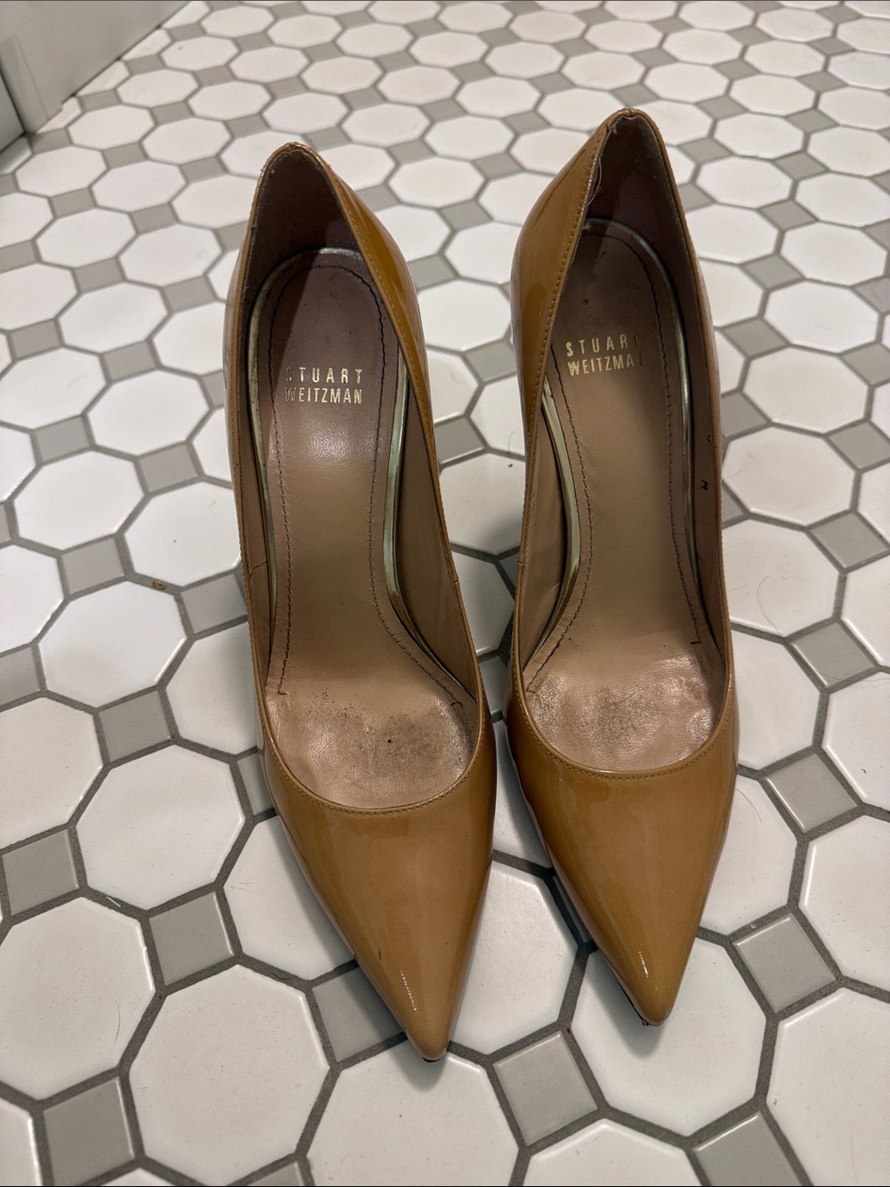 Stuart Weitzman Camel/Tan Patent Pointed-Toe Pumps